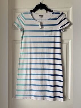 Talbots White Dress with Blue and Aqua Stripes